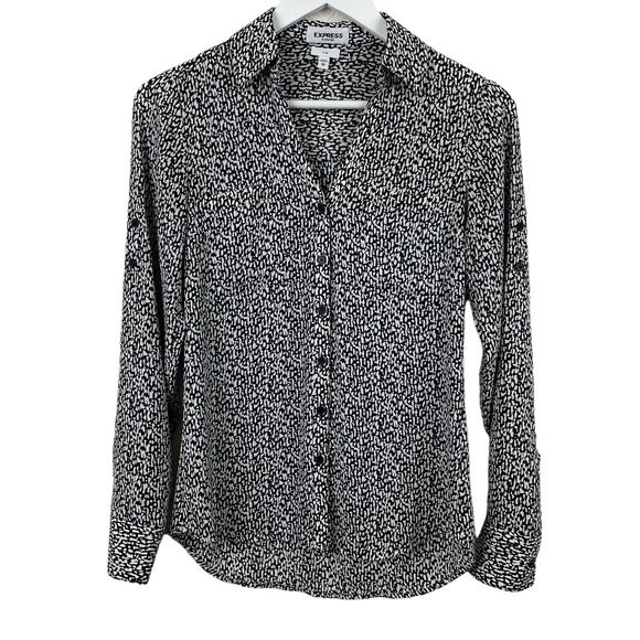 EXPRESS Portofino Womens XS Slim Black White Long Sleeve Button Up Top Blouse - Picture 1 of 7